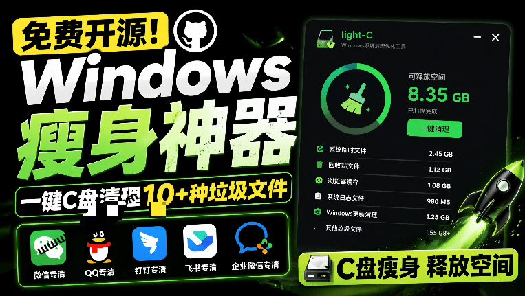 免费开源Windows瘦身神器，一键C盘清理10+种垃圾文件，支持微信/QQ/钉钉/飞书/企业微信专清，LightC
