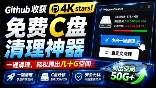 Github收获 4K stars！免费C盘清理神器，轻松腾出几十G空间，支持C盘迁移 Windows Cleaner