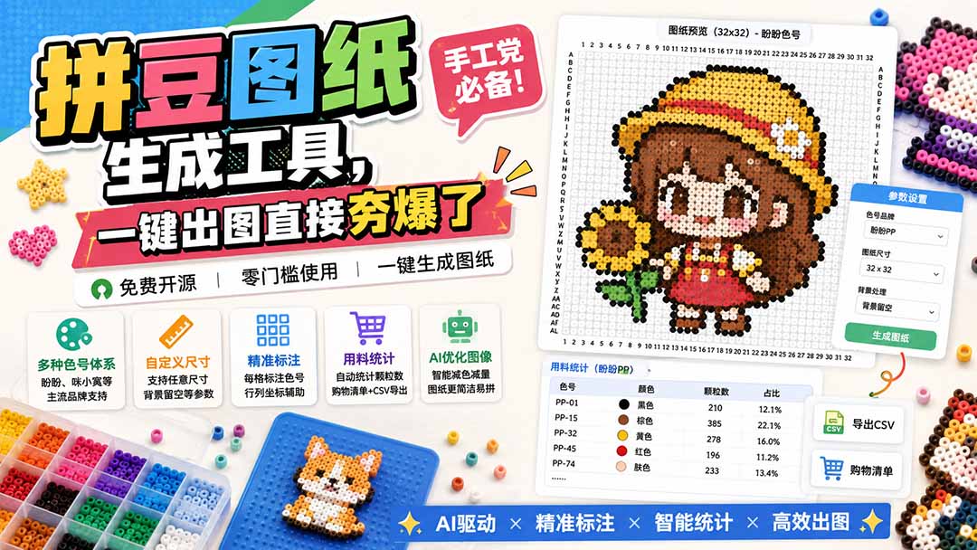一键生成拼豆图片，拼豆图纸生成工具，手工党必备！
