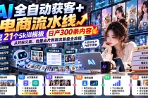 AI全自动获客+电商流水线-更新完结：配21个Skill模板，日产300条内容，从对标文案、批量出片到投流全流程